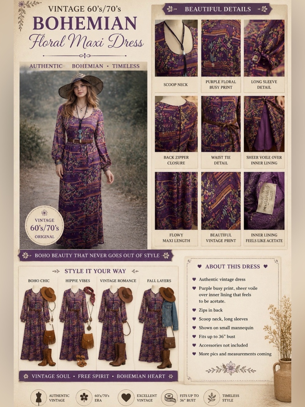 *Vintage 60’s/70’s - Bohemian , hippie Floral Maxi Dress.